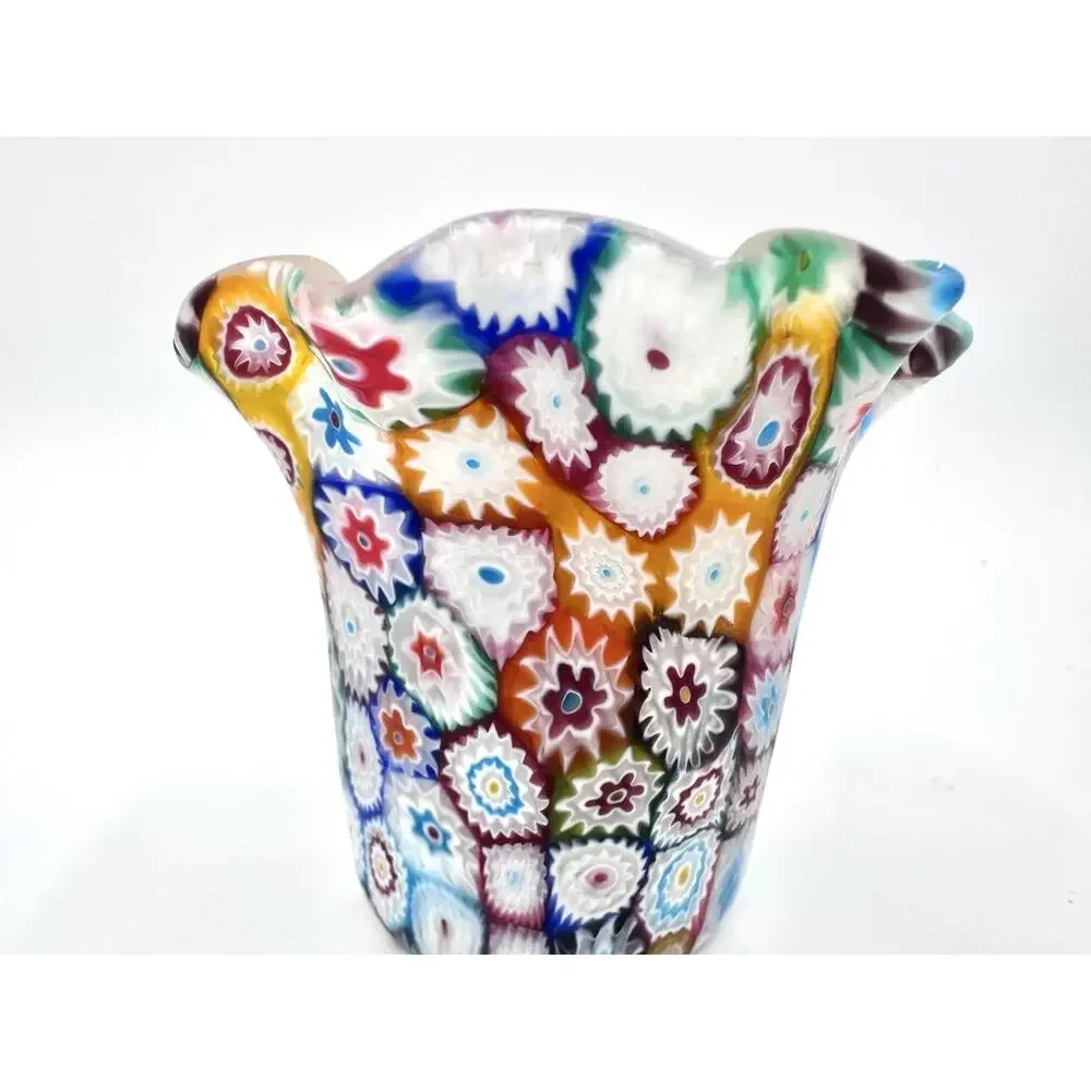 Murano Millefiori Ruffled 3” Vase Holder & Shell Like Dish Fratelli Toso ITALY